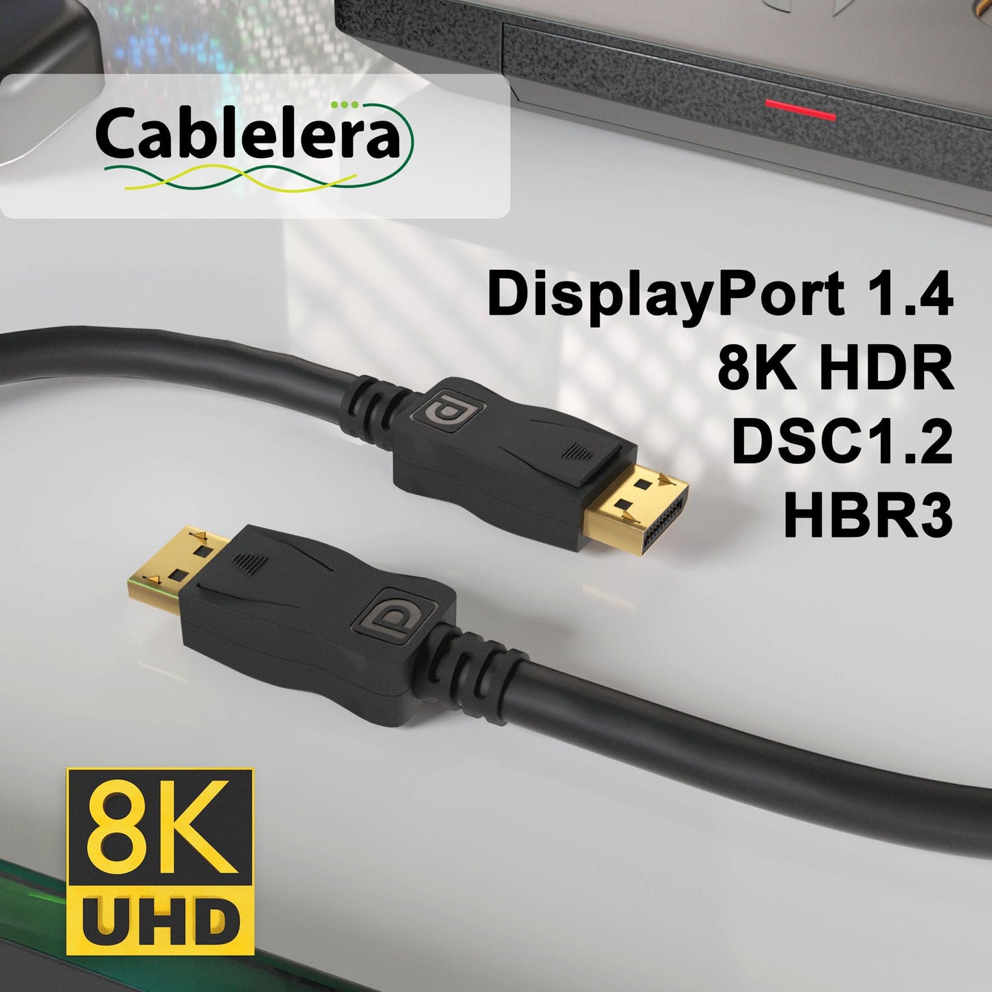 Cablelera VESA Certified 8K DisplayPort Cable, 8K 60Hz, HDR, 3D, 32.4Gbps, DSC1.2, HBR3, Performance Tested, NVIDIA, AMD, Gaming Display, Black, 6ft