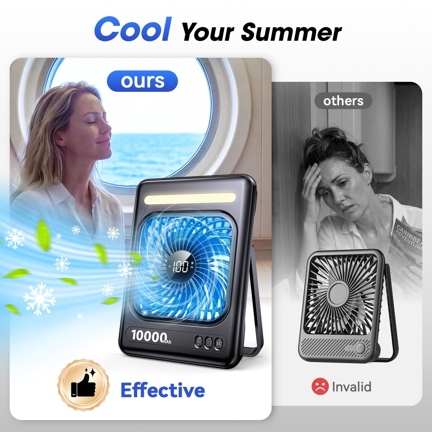 10000mAh Portable Travel Fan, 5 Speeds Strong Wind Cruise Fan with LED Lantern, 24H Runtime Personal Rechargeable Fan, 2/4/6/8H Timer, Ultra-thin