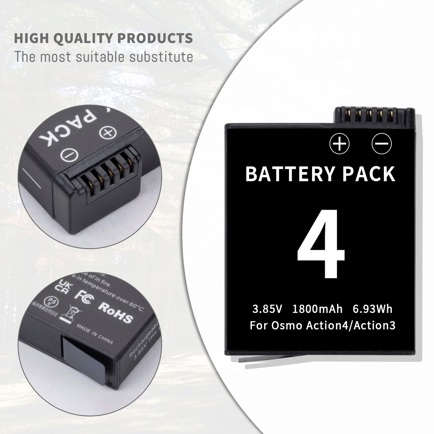 2-Pack Battery Replacement Compatible for DJI Osmo Action 4, Osmo Action 3 Camera Model, 3.85V 1850mAh/7.12Wh Rechargeable Cameras Battery with Dual