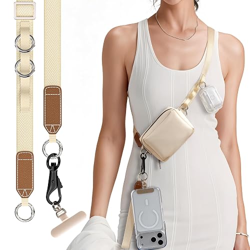 PEAKZOOC Phone Lanyard Crossbody, Clip and Go Phone Strap Crossbody with Wallet, Detachable Phone Crossbody Strap (Beige)