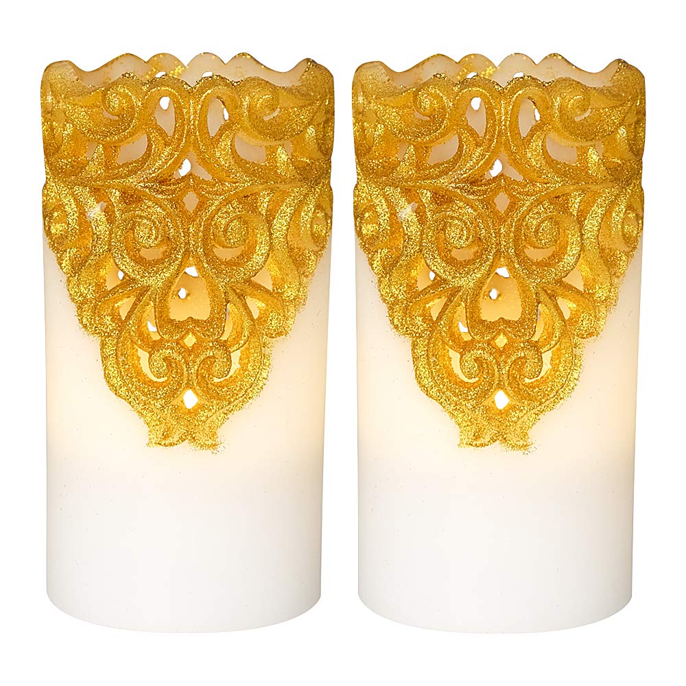 DRomance Hollow Gold Flameless Flickering Candles with 5H Timer, Battery Operated LED Pillar Candles Unscented Wax Warm Light Christmas Home