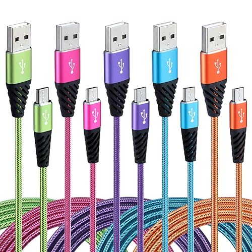 Boenoea Fast Phone Charger Android 10ft 5-Pack Long Micro USB Cable Braided Compatible with Samsung Galaxy J3 J7 S6 S7 Edge Note 4 5 LG BlackBerry