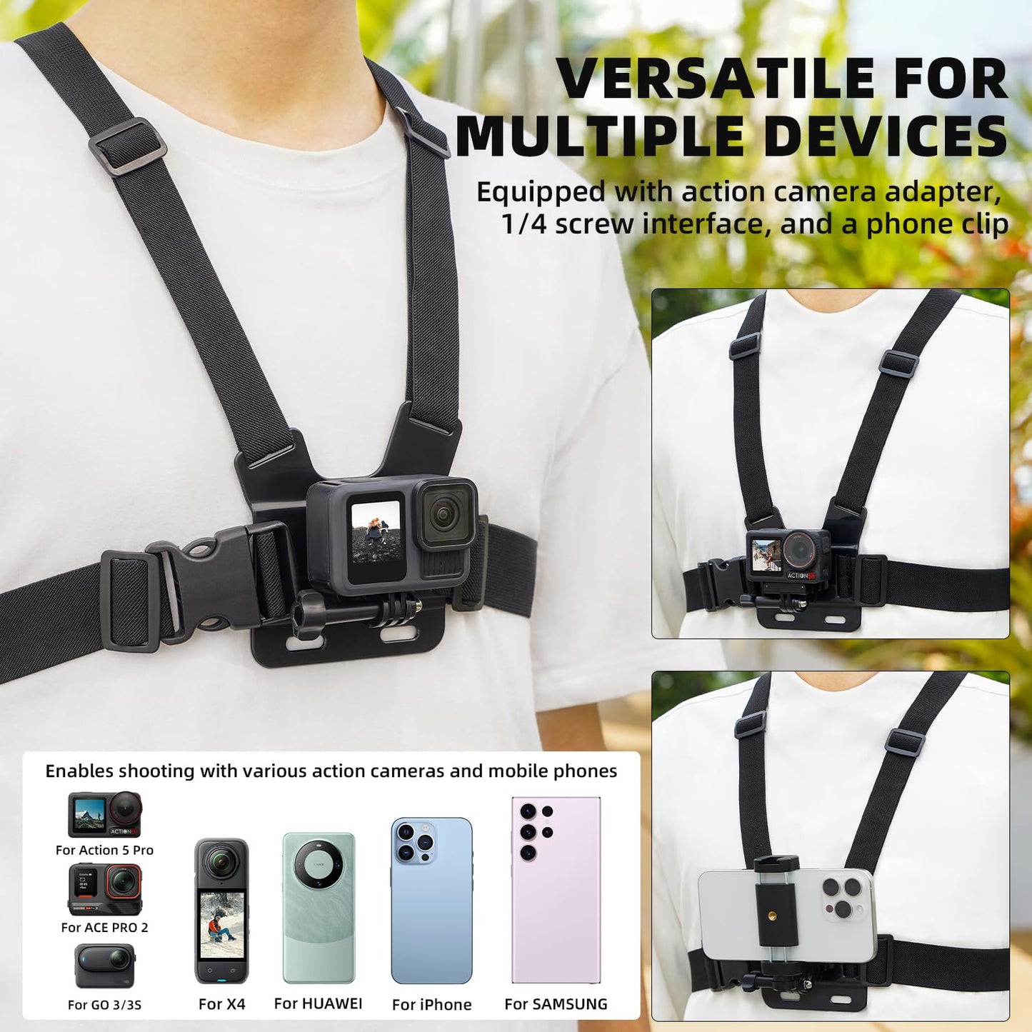 Flymile Chest Harness Mount Kit for GoPro, Head Strap Body Mount & Suction Cup Holder for iPhone, for Insta360 X5/X4, for DJI Osmo Action 5/Pocket