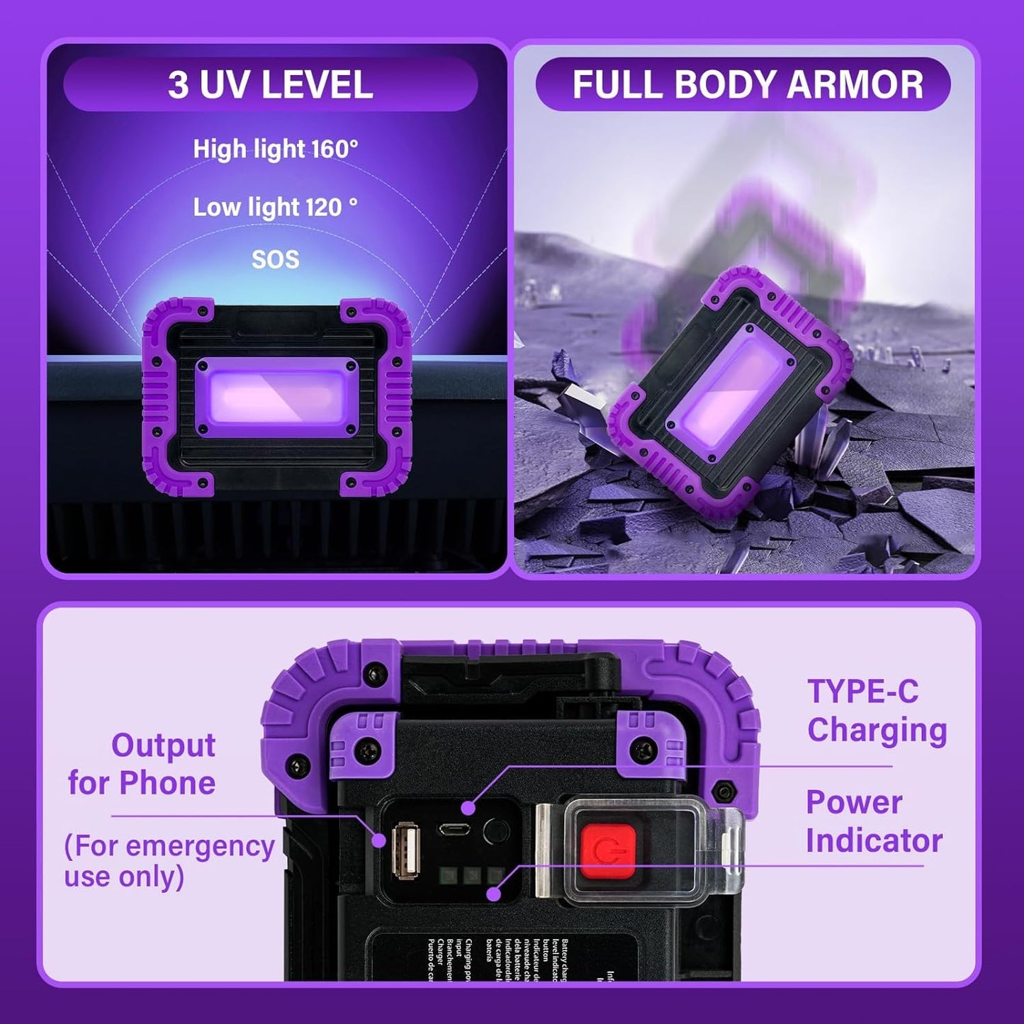 Rechargeable Black Light, Battery Powered Blacklight, Cordless 395nm Ultraviolet Flood Light for Neon Glow Party,Halloween,Body Paint,2 Packs