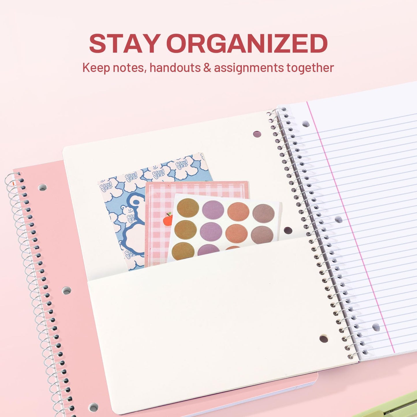 SUNEE Spiral Notebook, 1-Subject, College Ruled Paper, 8" x 10-1/2", 100 Sheets per Notebook, 3-Hole Punched Paper, Water Resistant Cover