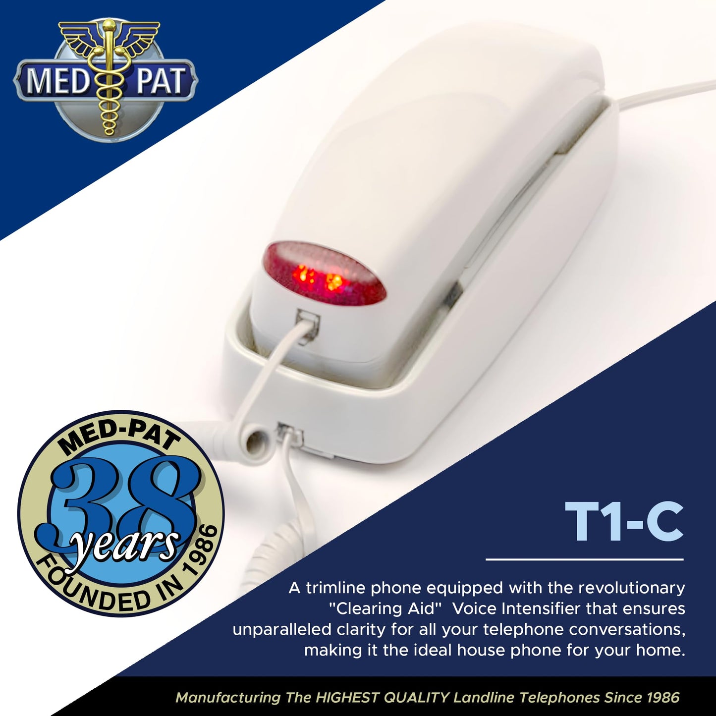 Med-Pat T1C Sleek Trimline Corded Telephone with Ring/In-Use Light Indicator - Wall-Mountable Analog Retro House Phone, Hearing Aid Compatible