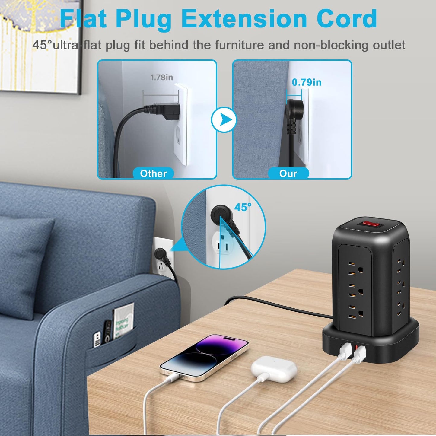 FUAUFAS Tower Power Strip Surge Protector USB Ports, Multiple Outlets Ports Desktop Charging Station, Flat Plug, Wall Mount,with Night Light Station