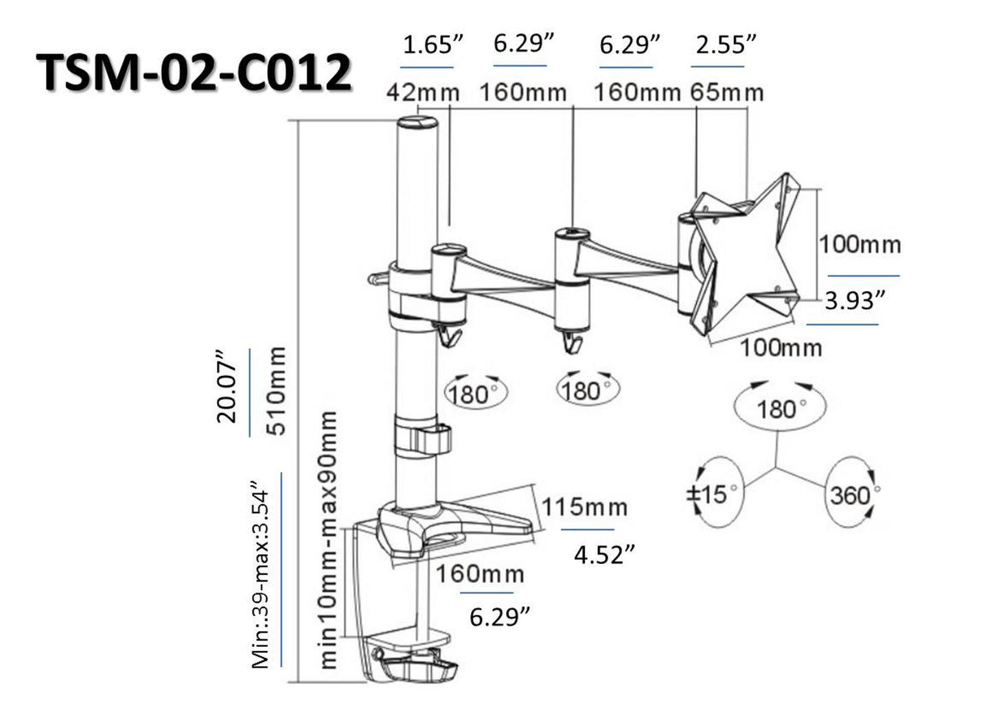 OSD Audio TSM-02-C012 Single Arm Extended Desk Mount for 13-inch to 23-inch Monitor