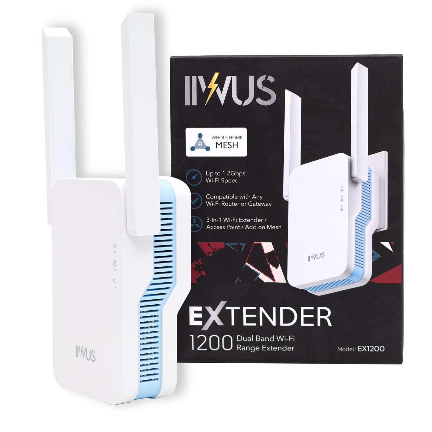 IIWUS AC1200 WiFi Extender, Mesh WiFi System, Powerful Mesh WiFi Extender with Ethernet Port, Dual Band Range Extension, Wi-Fi Extender + Access Point
