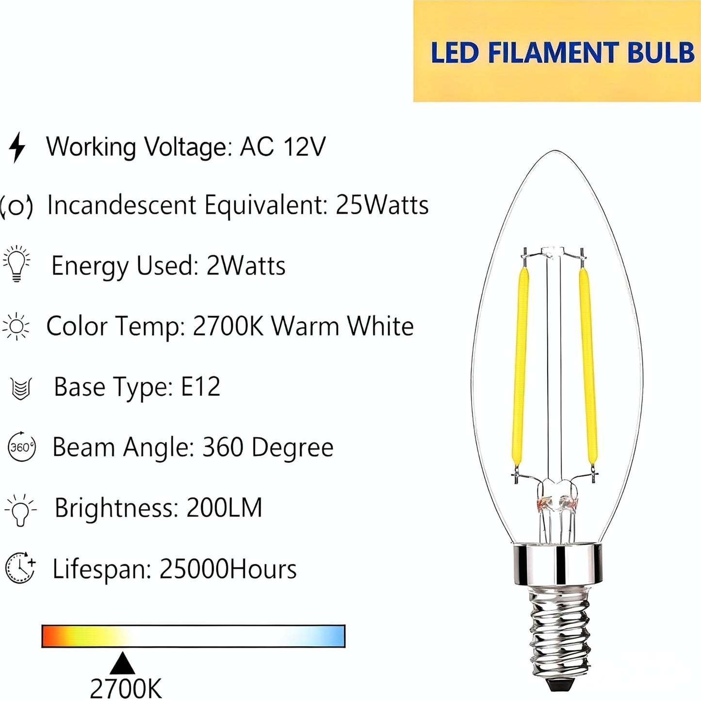 KONPWAY 12V LED Candelabra Light Bulbs Low Voltage - Warm Light 2W E12 Small Base 25W Equivalent - DC Bulb for RV, Solar Panel Project, Boat, Garden
