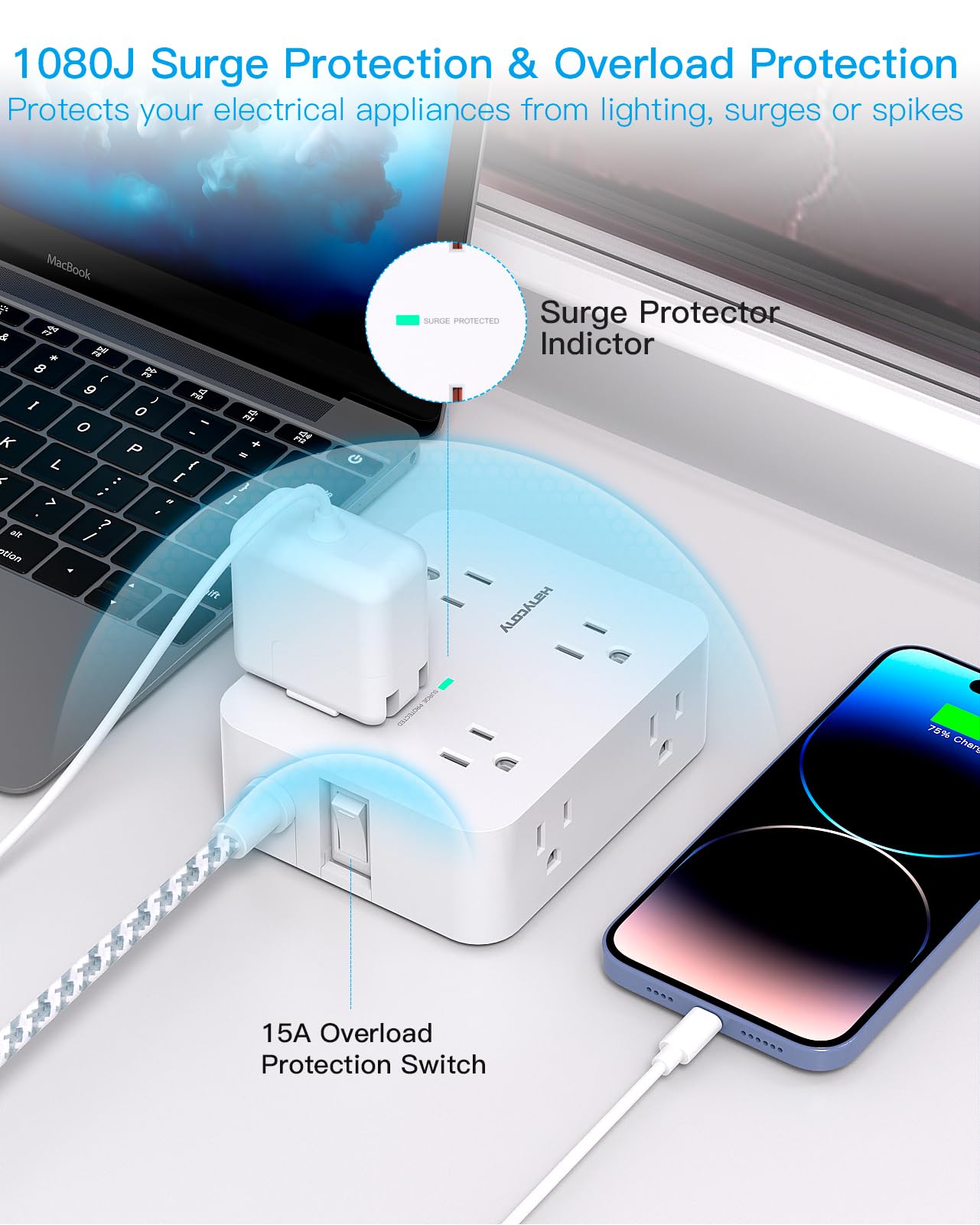 Surge Protector Power Strip - HANYCONY 8 Outlets 4 USB (2 USB C) Charging Ports, Multi Plug Outlet Extender, 5Ft Braided Extension Cord, Flat Plug