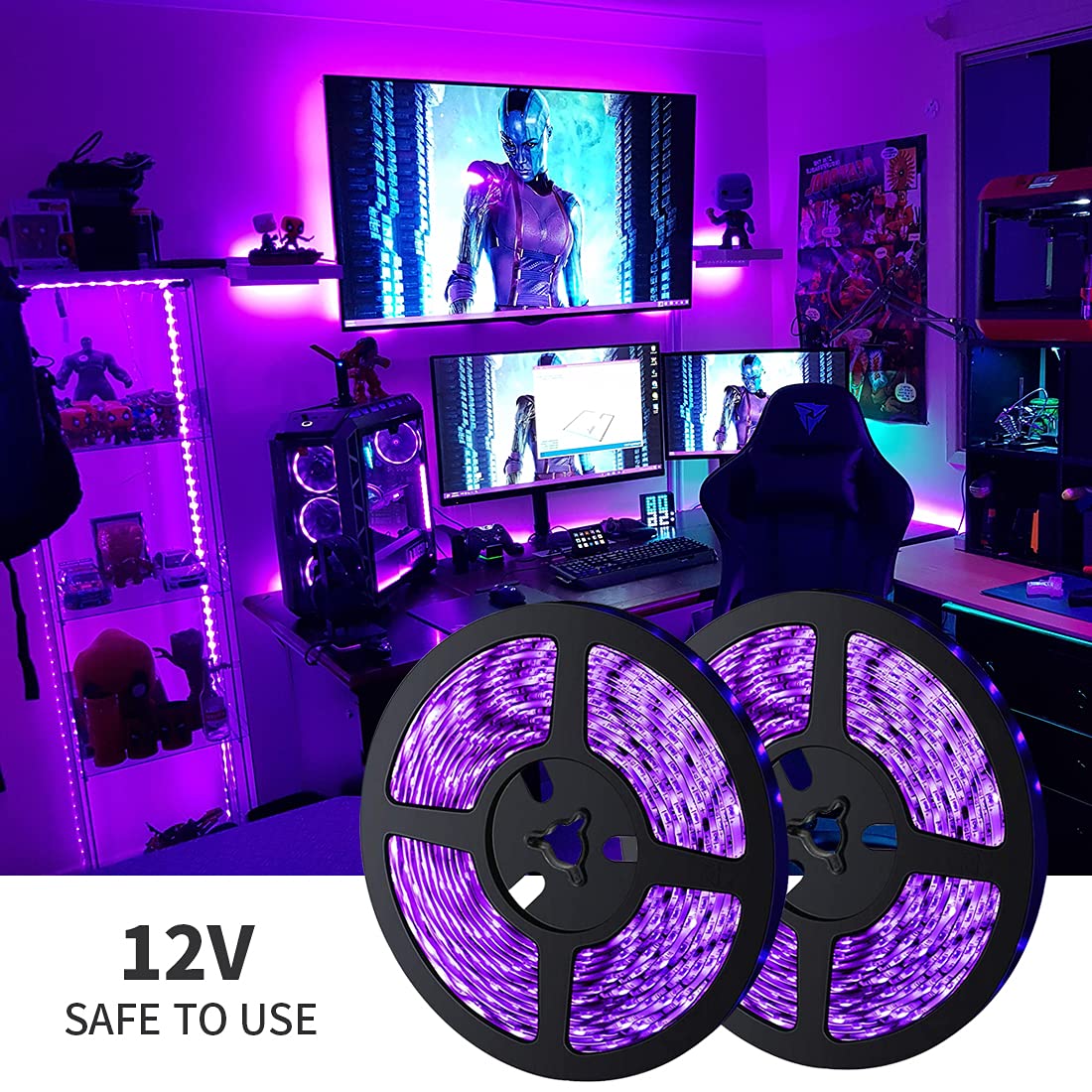 TigQiang Black Light Strip, 40ft/12M Flexible LED Black Light with kit, 720 lamp Beads, 12V LED Light, Non-Waterproof for Indoor Fluorescent Dance