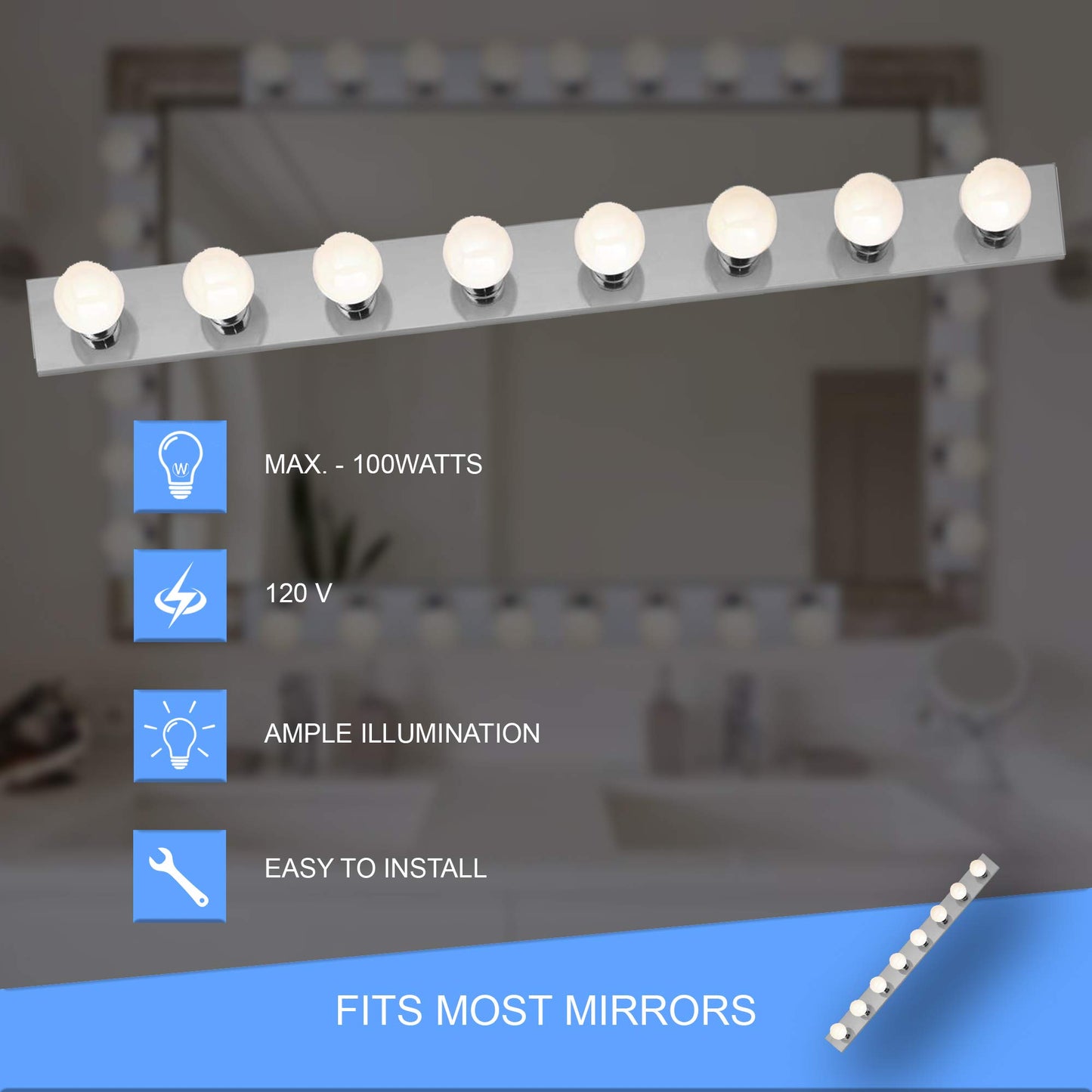 DYSMIO Lighting Eight Light Vanity Strip - Hollywood Style Mirror Fixture with Brushed Nickel Plates - Salon-Grade Accessories for Bedroom, Bathroom