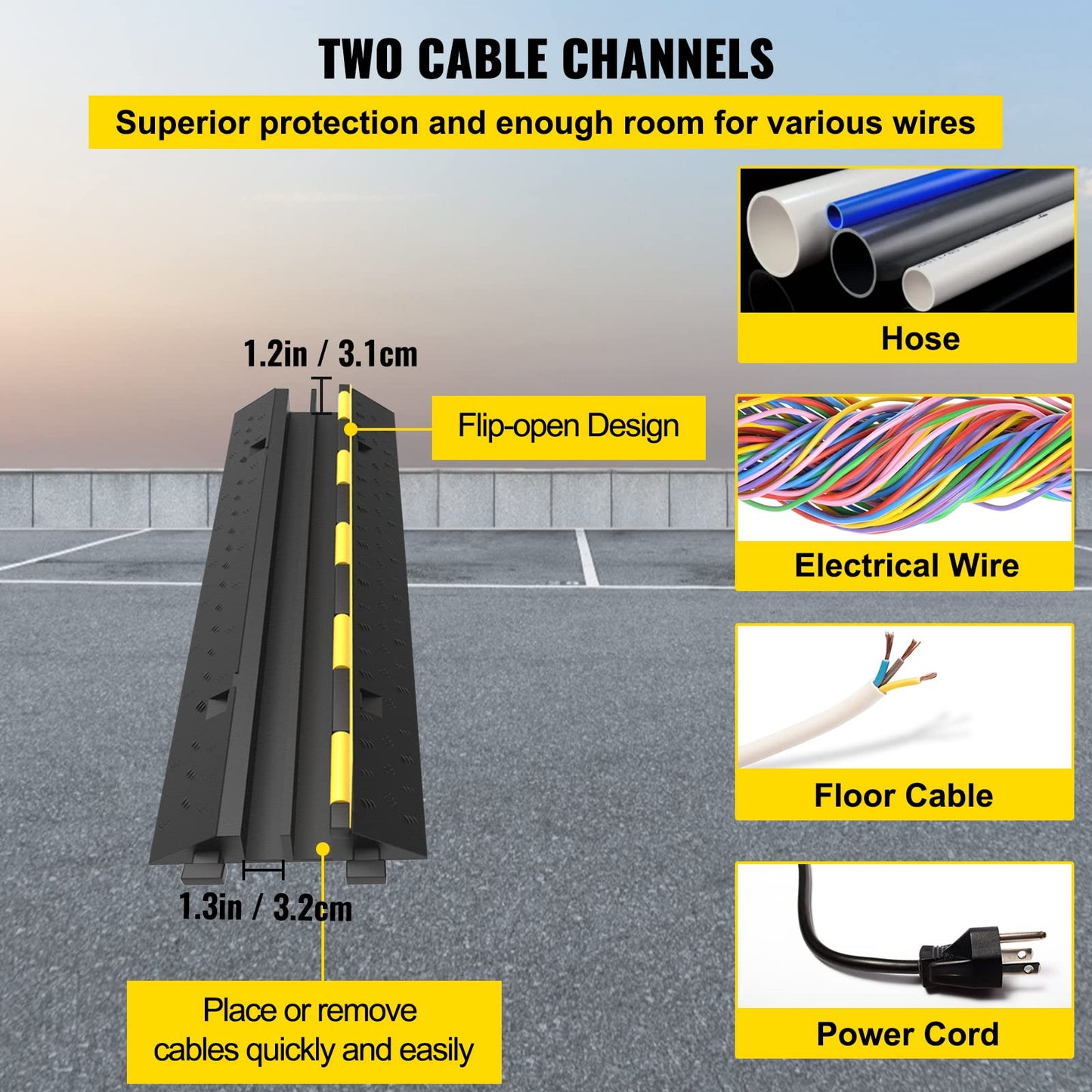 VEVOR Cable Protector Ramp, 5 Packs 2 Channels Speed Bump, Rubber Modular Humps Rated 11000 LBS Load Capacity, Protective Wire Cord Ramp Driveway