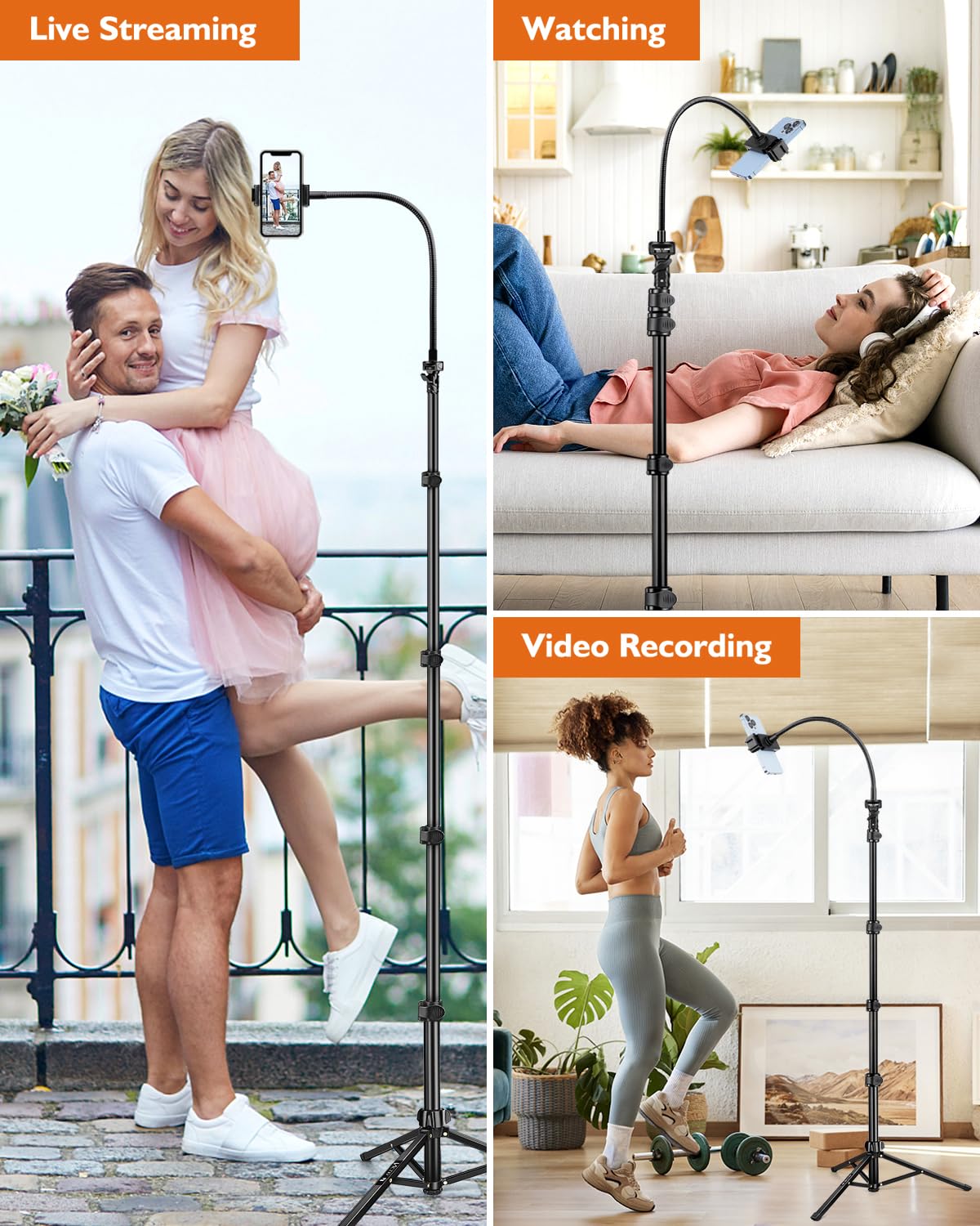 Phone Tripod, 85" Tall Tripod for iPhone with Remote, Gooseneck and Phone Holder, Overhead Phone Stand for Video Recording Watching Cooking Fitness