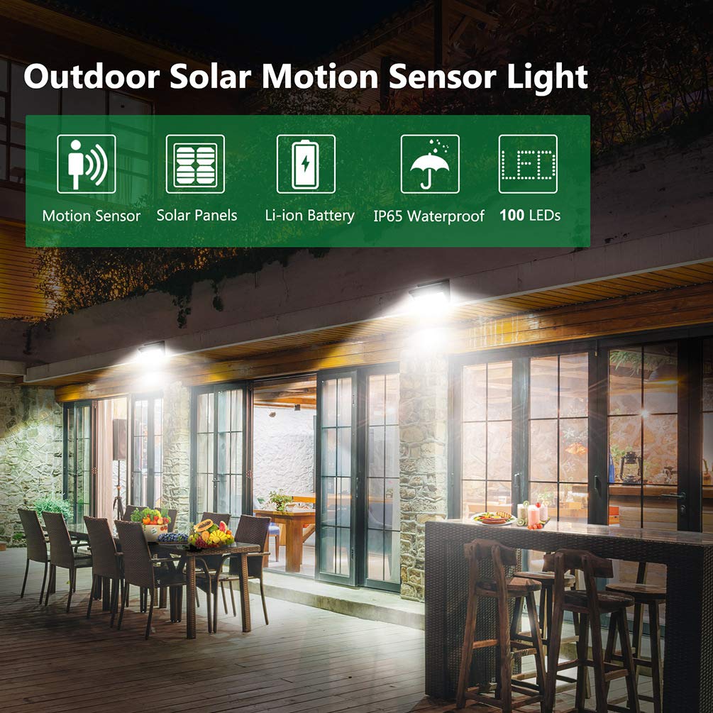 Luposwiten 100 LED Solar Lights Outdoor Waterproof - 2000 Lumens Solar Motion Lights Outdoor with 125° Lighting Angle, Easy-to-Install for Front Door