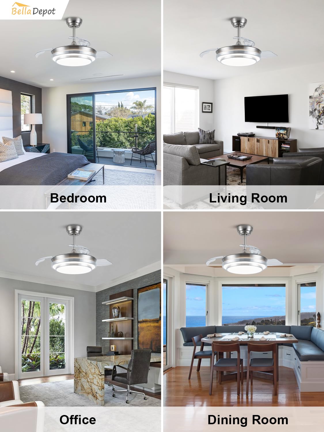 Bella Depot Retractable Ceiling Fan with Lights and Remote with 3 Color Change, Timing Options, Silent Noiseless for Dining Room Bedroom Kitchen