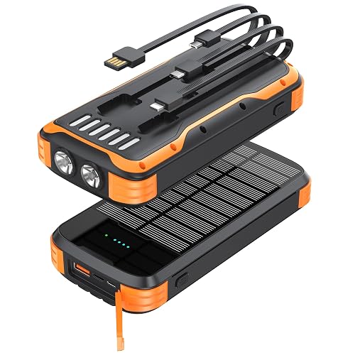 MINRISE Solar Power Bank 40000mAh, Portable Charger PD 20W Fast Charging Solar Charger Power Bank Built in 4 Cables and USB-C in/Output, Camping
