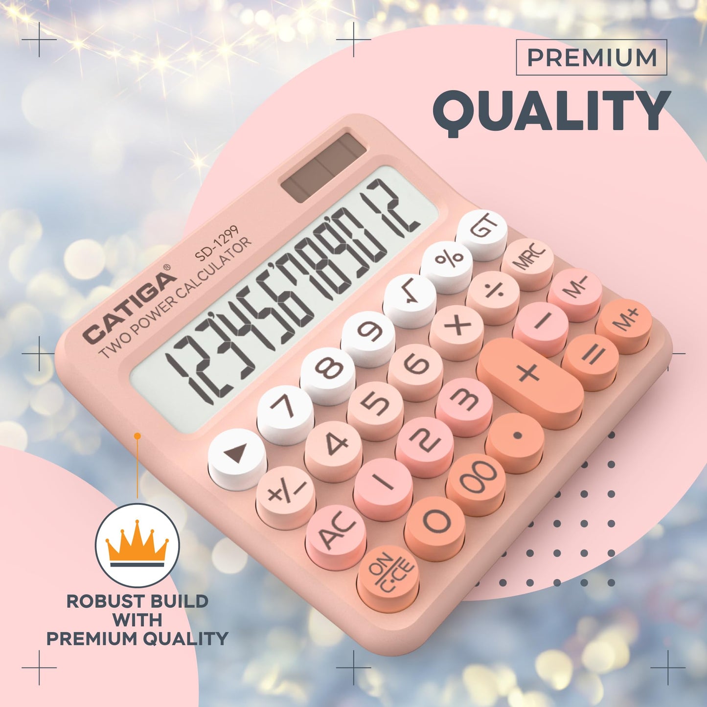 CATIGA Mechanical Switch Calculator with Solar and Battery Dual Power, 12-Digit Large LCD Display, Aesthetic and Cute Desktop Calculator with Big