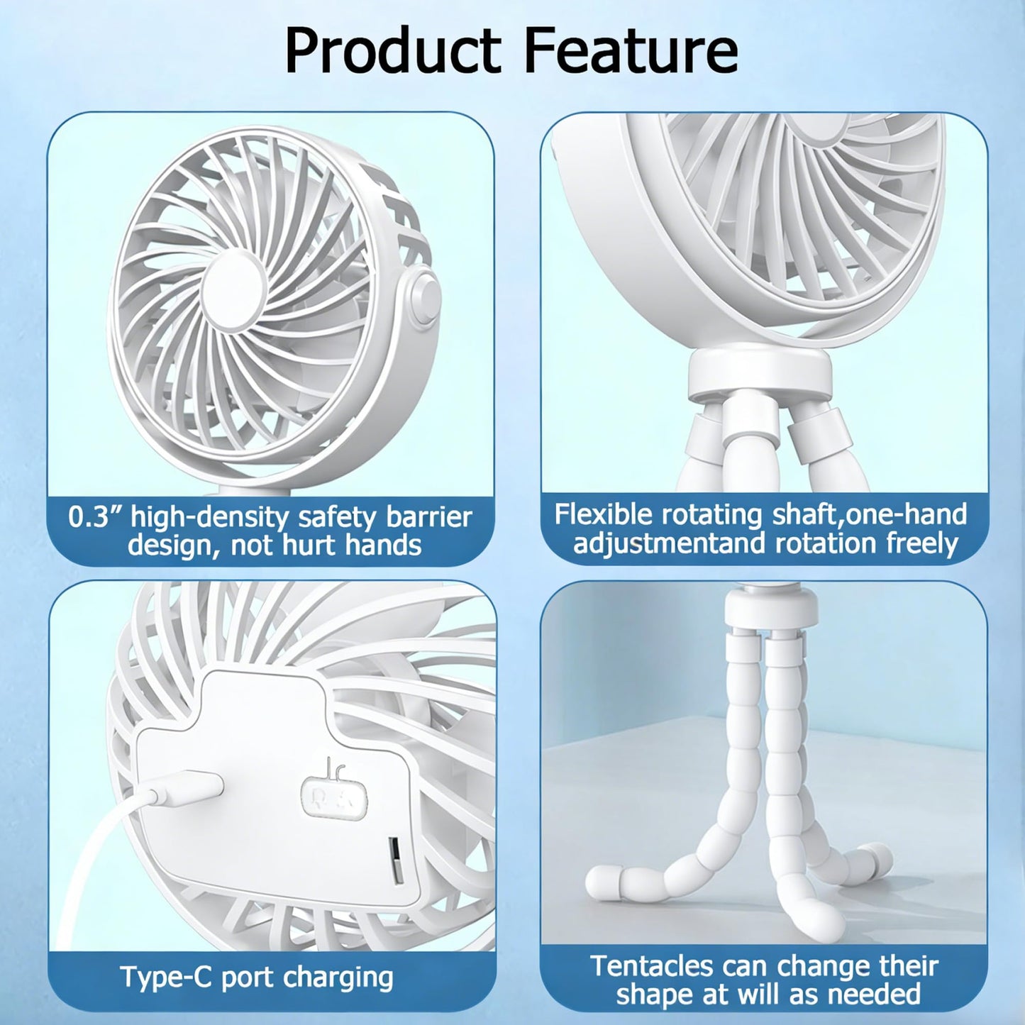 ormos Octopus Fan, 4-in-1 Portable Cooling Fan, 360° Rotation, 3 Speeds, Ultra Quiet 20dB, Black, USB Powered, Flexible Legs Design for Baby Room