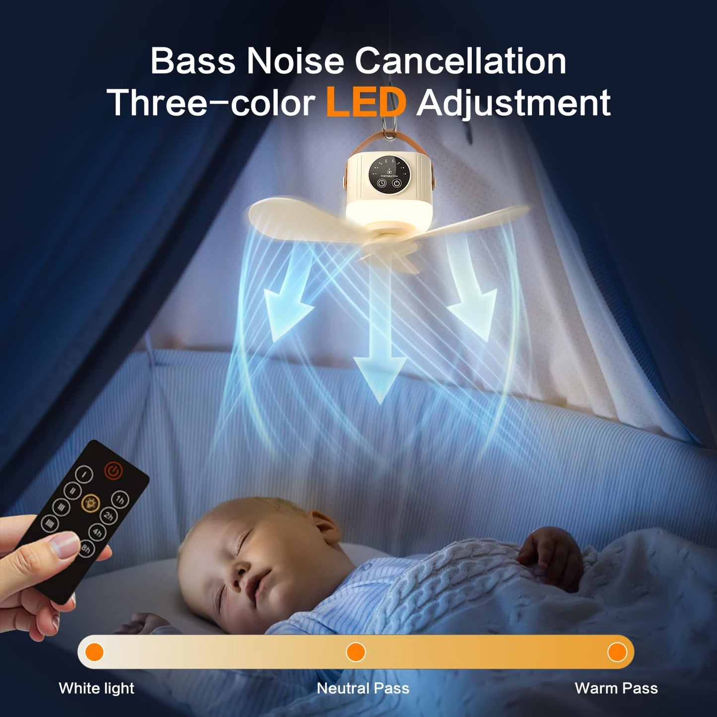 fenshine Portable Fan with Remote, 7200mAh Low Noise USB Fan 4 Speeds & 3 Warm Lights, Hanging Travel Fan with Timer, for Workshop Dorm Room Bedroom