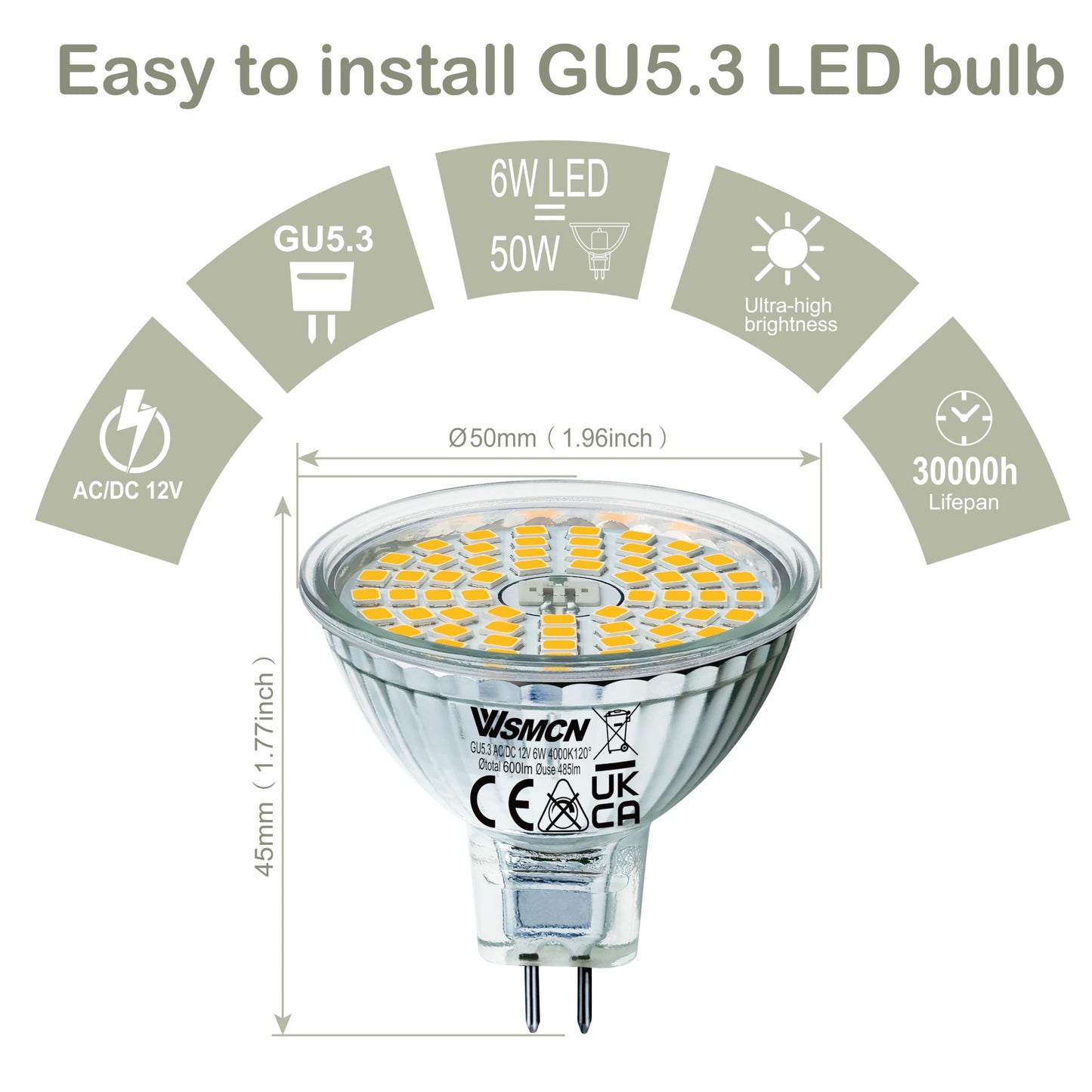 MR16 GU5.3 LED Bulbs 6W Replace 60W Halogen Equivalent 4000K Neutral White 485Lm, 12V Low Voltage Non-Dimmable 120° Flicker-Free Spotlight