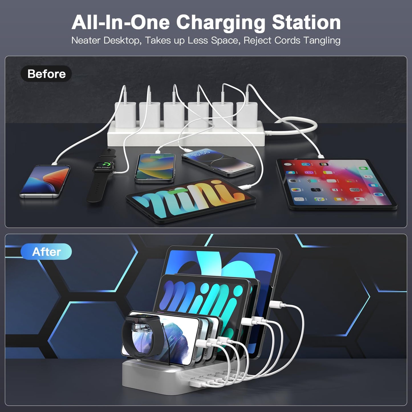 MSTJRY 90W 6-Port USB C Fast Charging Station for Multiple Devices, Multi PD Charger Station for iPhone iPad Tablet Phone, Charging Dock Organizer