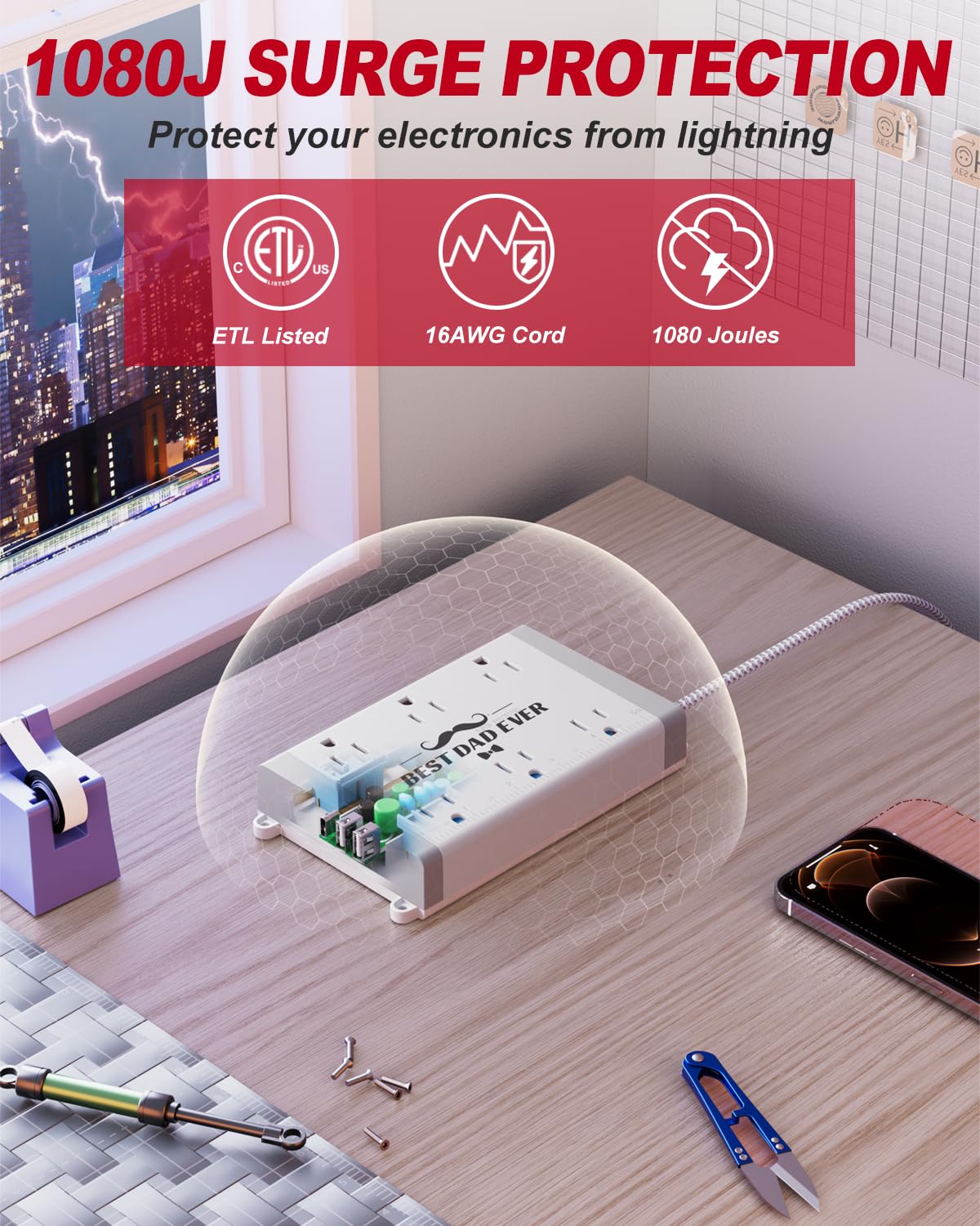 Wall Mount Power Strip with Surge Protector - 6 Outlets 3 USB (USB-C 15W), 6ft Braided Cord, On/Off Switch, Workshop & Garage Essentials - Gifts Dad
