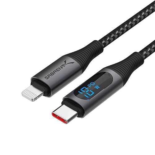 SABRENT USB-C to Lightning Cable with Smart Display, 1M/3.3FT Long, Apple MFI Certified, 60W Charging and 480Mbps Data Transfer Speeds, for Phones…