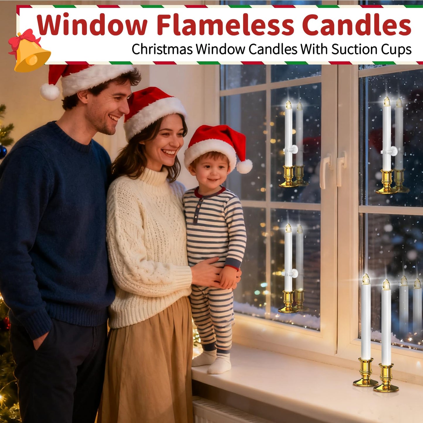 Christmas Window Candles, 8pcs Christmas Flameless Taper Candles Battery Operated with Remote & Timer, Candlestick, Suction Cups