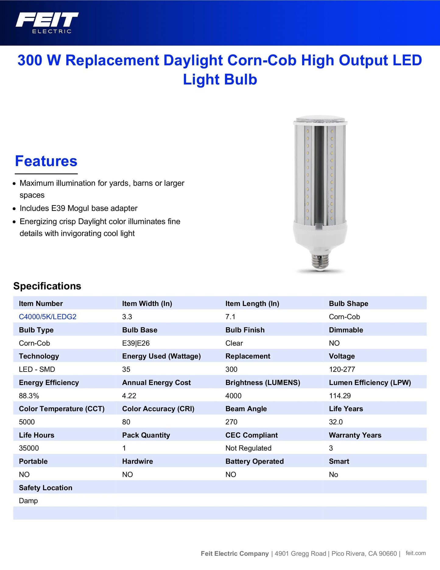 Feit Electric C4000/5K/LEDG2 300W Equivalent Mini Corn Bulb, Corn Cob High Output LED Light Bulb, E26 Base, 5000K Daylight, 3” x 3” x 7”