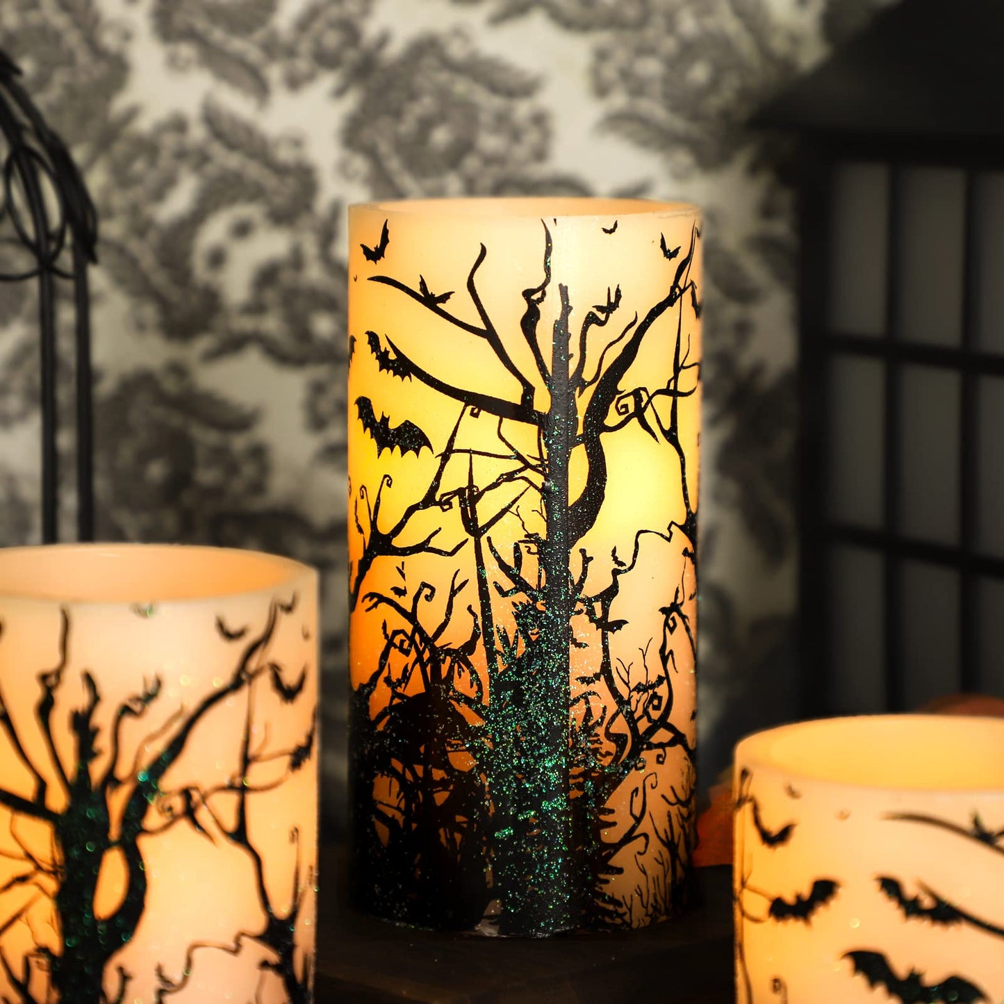 FLAVCHARM Halloween Decor Flameless Candles Set of 3 Black Spooky Bats Decal Flickering Battery Operated with Remote Real Wax LED Pillar Candles