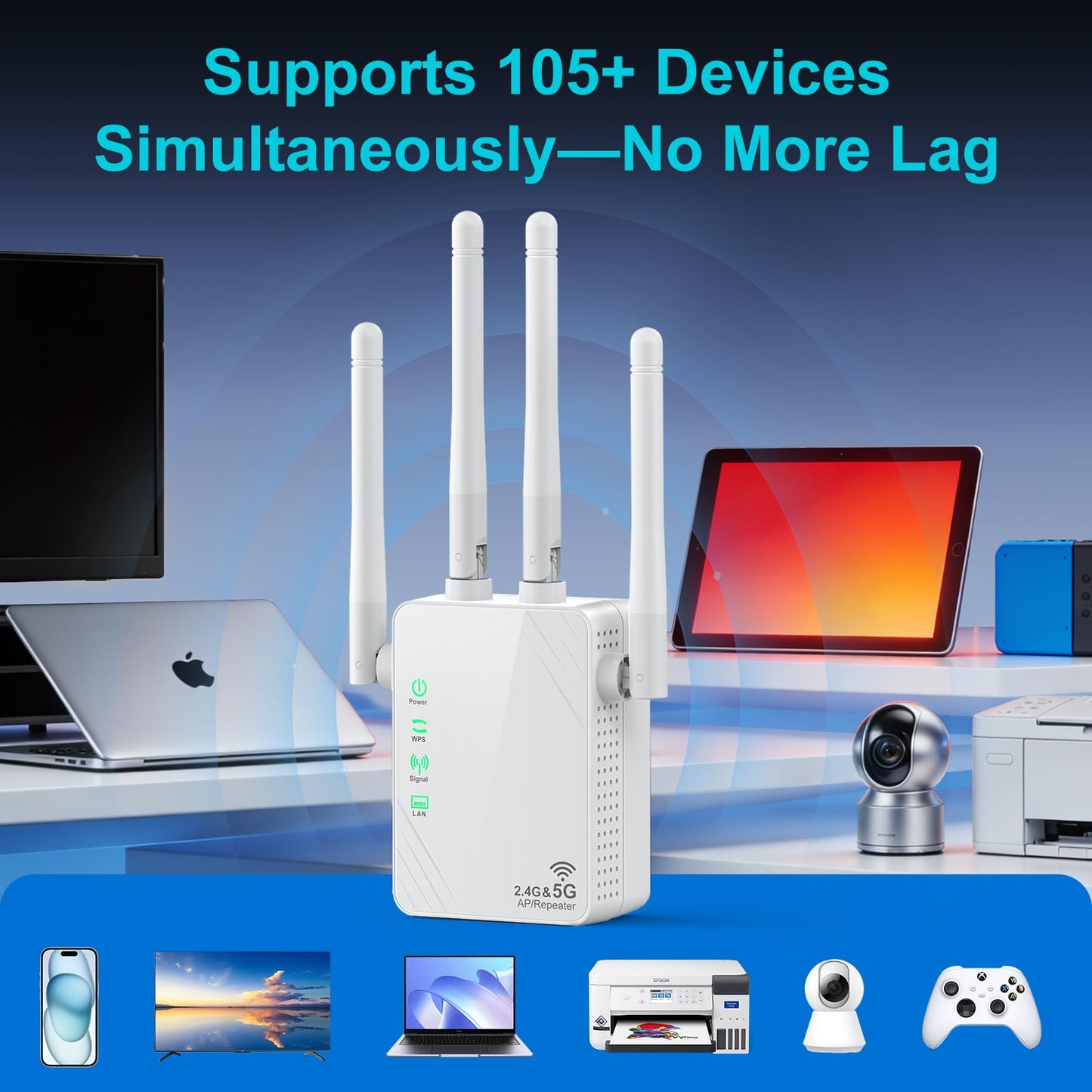 WiFi Extender Signal Booster for Home, Dual Band 1200Mbps Internet Extender WiFi Booster Up to 12888 Sq.ft Coverage and 105 Devices, WiFi Repeater