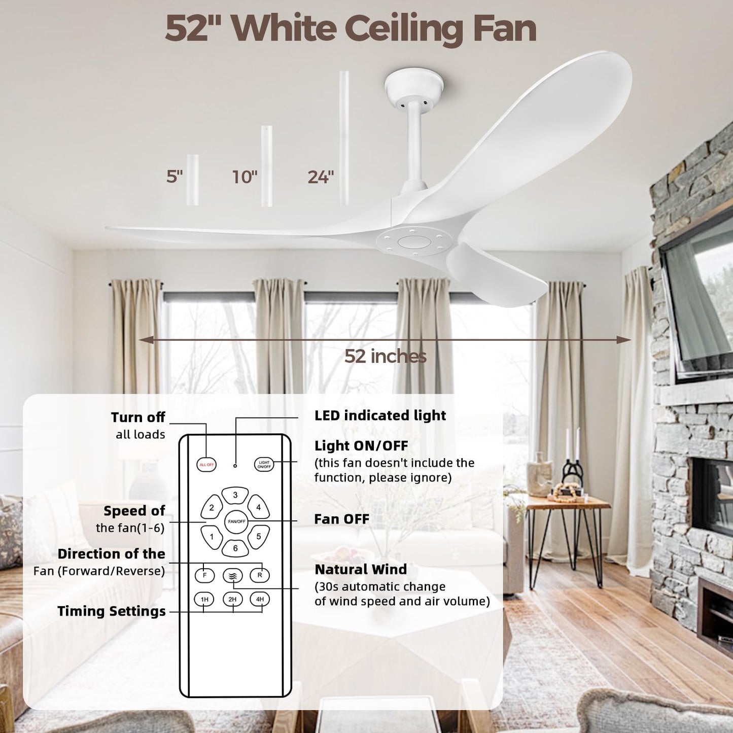 KASASS Ceiling Fan No Light with Remote Control 52inch Outdoor Ceiling Fan without Lights Indoor, 3 Blades Reversible DC Motor Modern Ceiling Fans