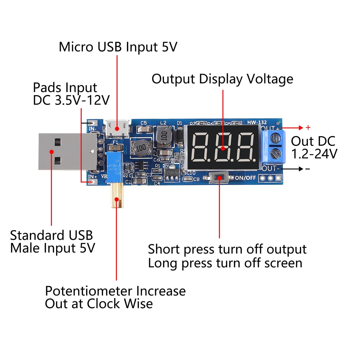 2PCS USB Step UP/Down Power Supply Module, Adjustable DC-DC 5V to 3.5V / 12V Boost Buck Converter Out 1.2V-24V