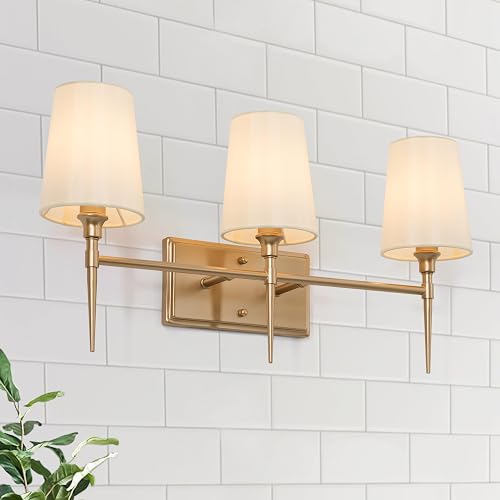 GEPOW Bathroom Wall Light Fixtures, 3-Light Gold Vanity Light with White Fabric Shade, Modern Wall Lamp Over Mirror for Hallway, Bedroom, Kitchen