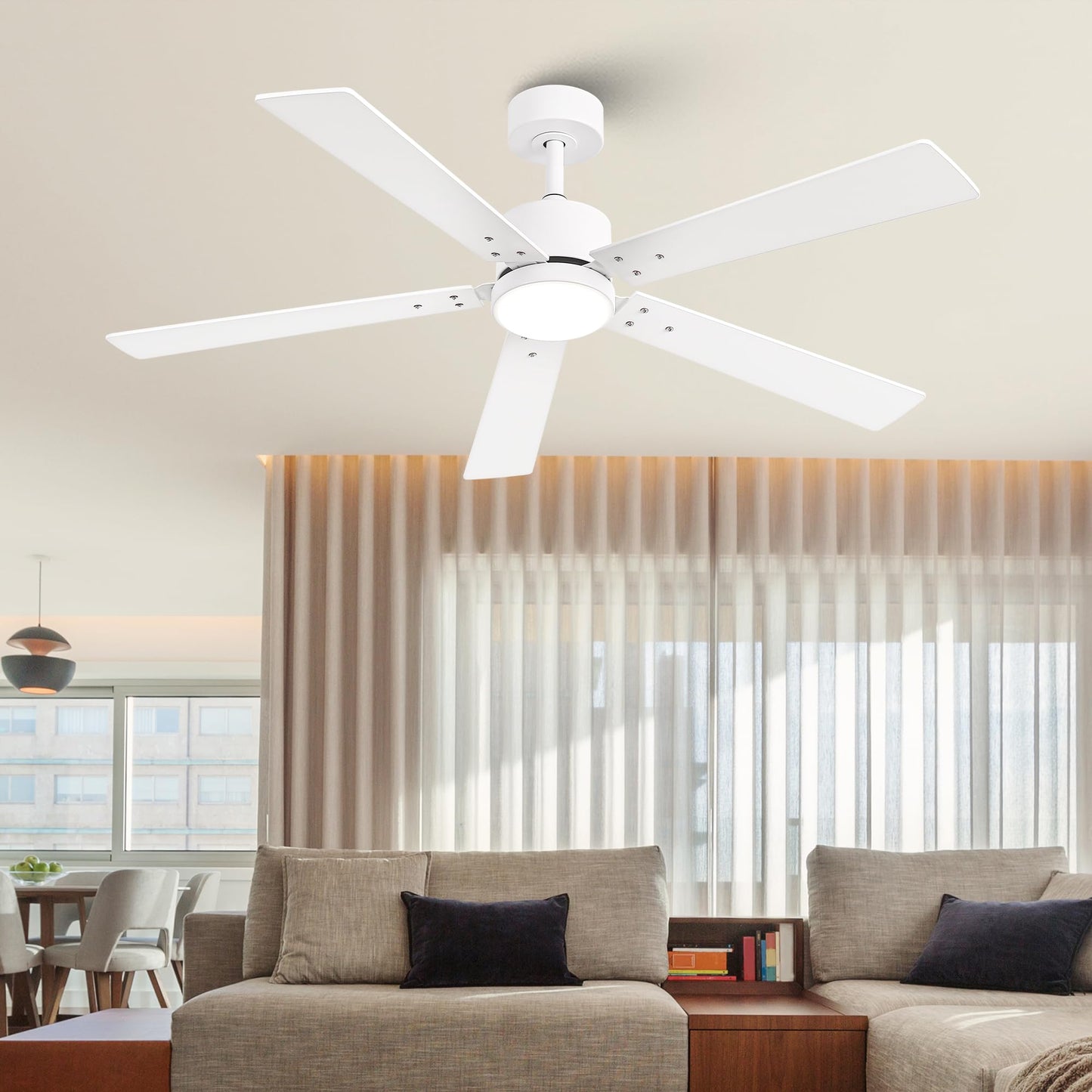 Vaczon Ceiling Fans with Lights and Remote - 52 Inch Modern Cooling Fan with Noiseless Reversible DC Motor Timer White Ceiling Fan for Bedroom Living