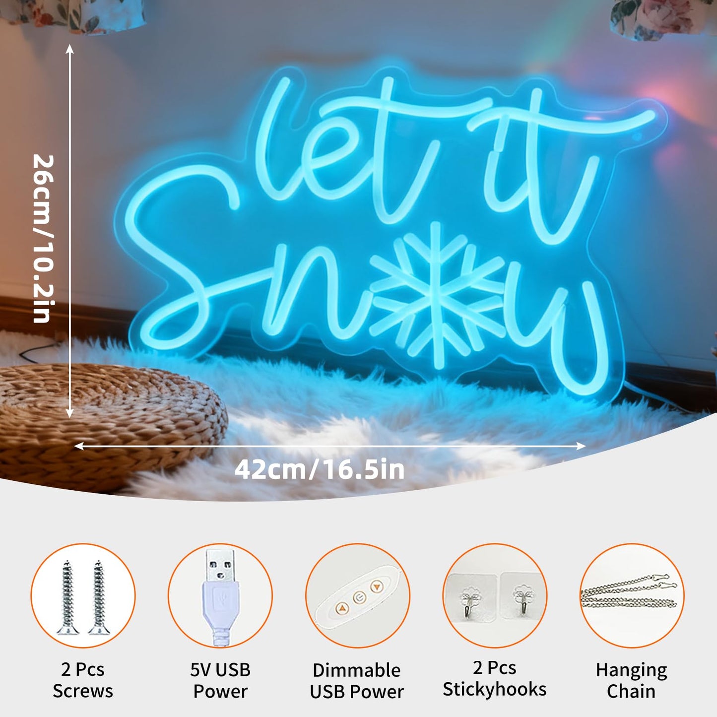 Let It Snow Light Neon Sign, USB Powered Dimmable Decorative Neon Light for Home Living Room Bedroom Winter Holiday Party Decor Wall Table Light Up