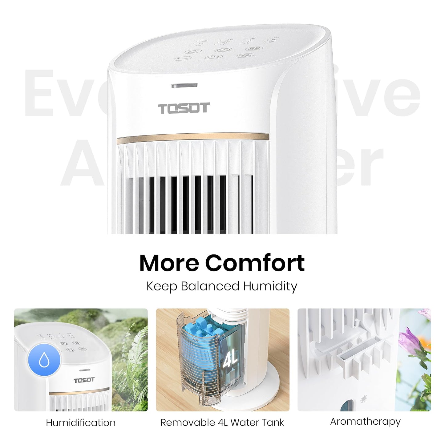 TOSOT Evaporative Air Cooler, 43" Tower Fan Oscillating 80°, 3 Speed Quiet Cooling Fan with 2 Ice Packs, Remote Control, Removable 4L Water Tank, Mist
