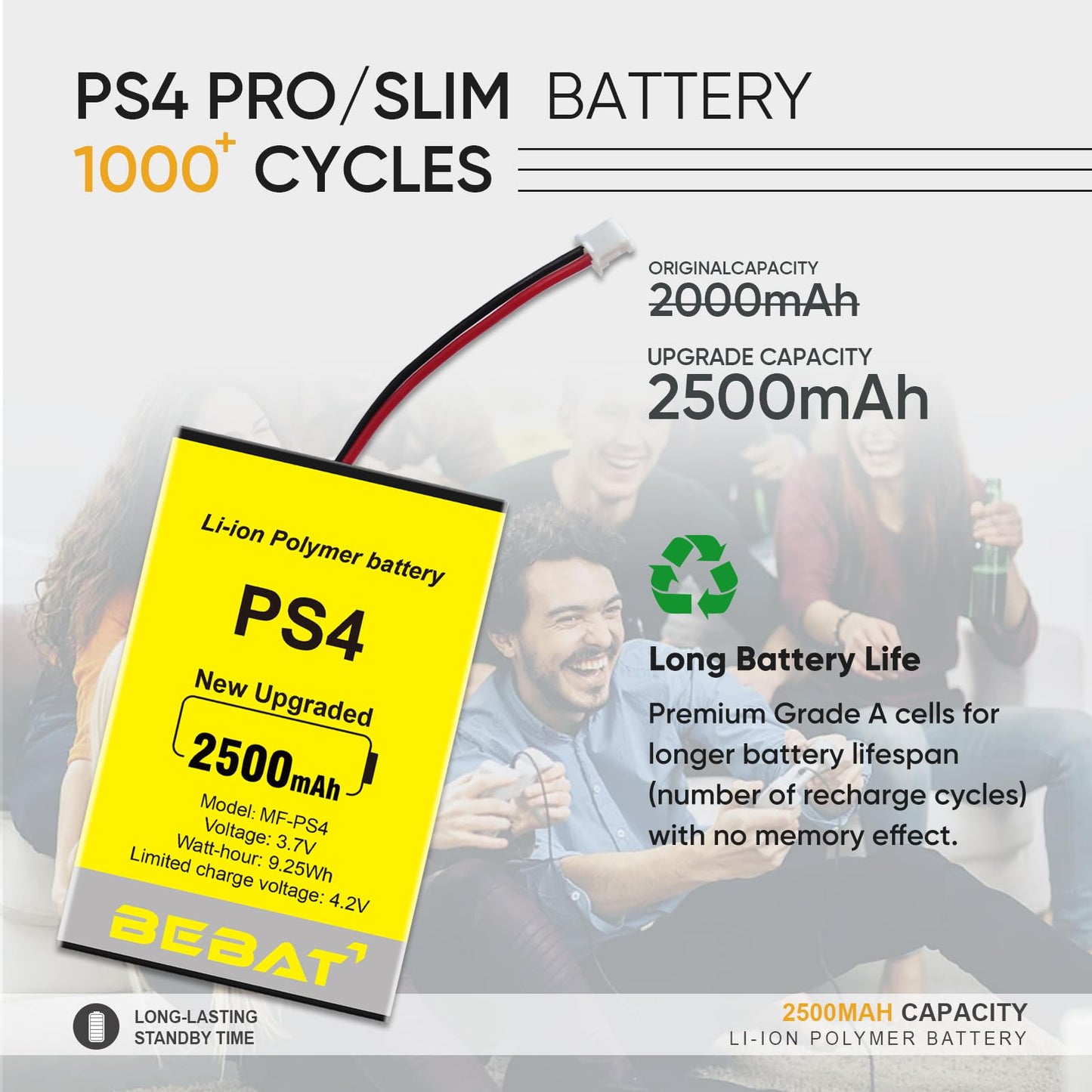 BEBAT 2pcs PS4 Controller Battery,2500mAh Replacement for PS4 Pro Slim Controller 2016 (or Newer) CUH-ZCT2 or CUH-ZCT2U with Tool Kits,NOT Compatible