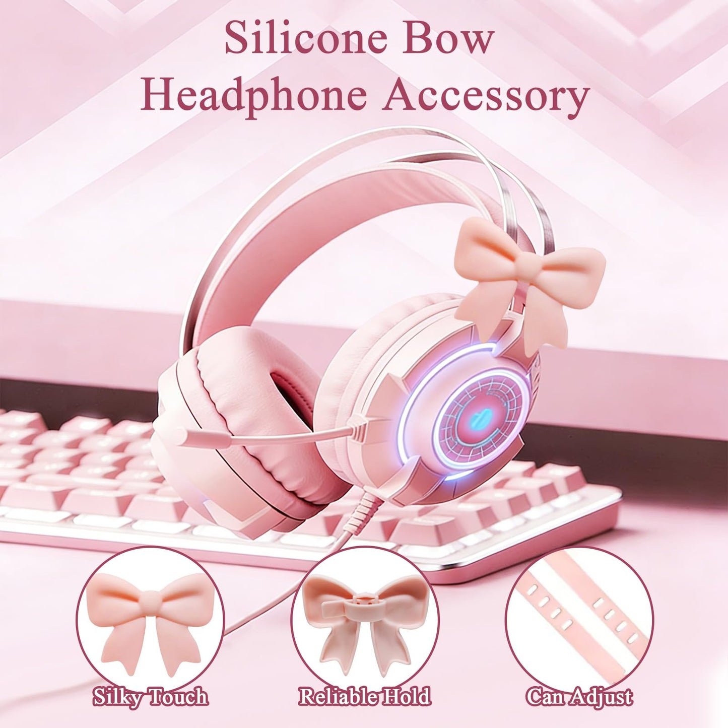 NEWFLAG 2 Pack Silicone Bow Headphone Accessory,3D Cute Clip-on Bows for Headphones,Detachable Decoration for Women,Girls and Gamers,Universal Fit