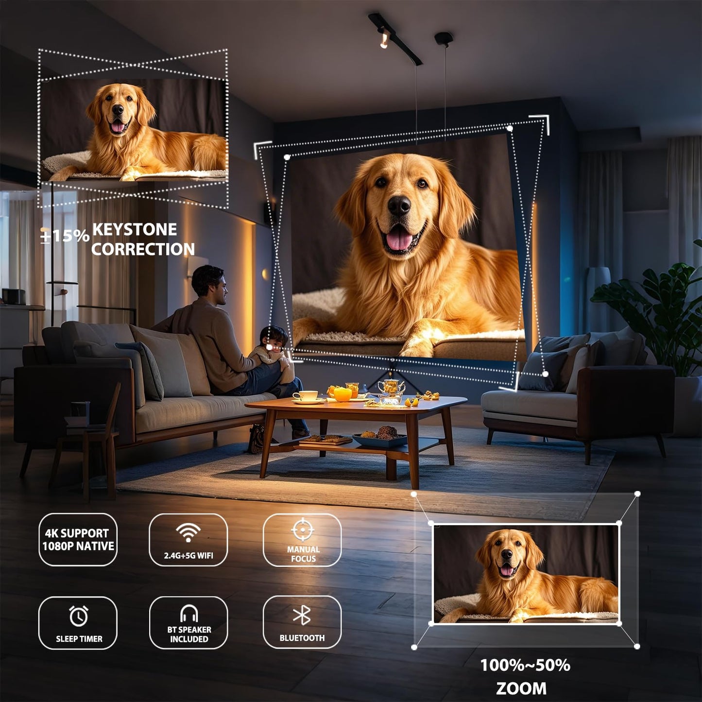 Pryznal Smart WiFi Projector 4K 1080P Home Theater, 450 ANSI, Auto Keystone, 270° Rotation, Built-in Apps and Speaker, Bluetooth Projector