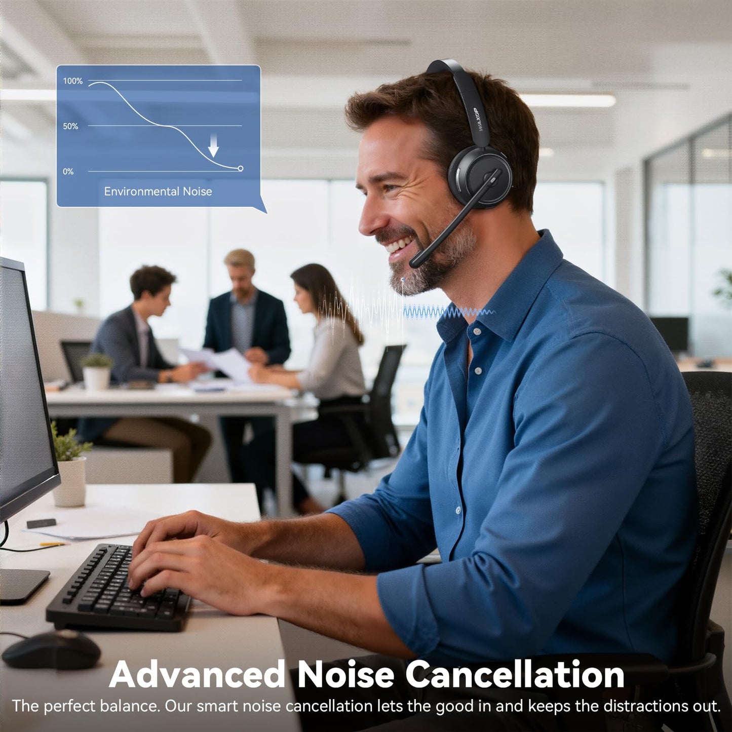 Waxop Wireless Headset with Mic for Work, Bluetooth Headset with Noise Cancelling Mic & Mute Button, Wireless Headsets with Mic for Remote