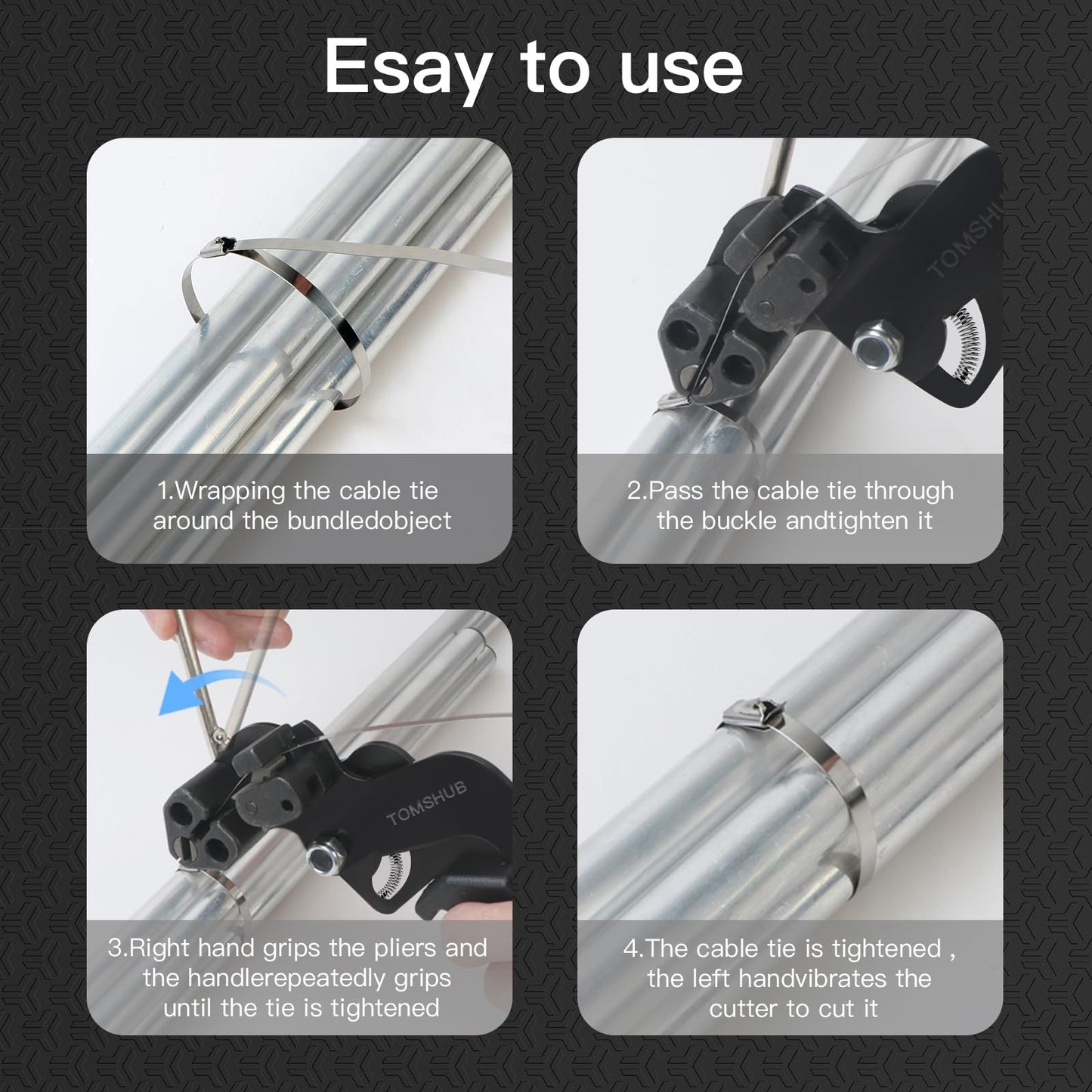 TOMSHUB Stainless Steel Cable Tie Gun with 100 Pcs 11.8 inch Metal Zip Ties Tool, Heavy Duty Self-locking Cable Tie Gun Kit for Fastening and Cutting