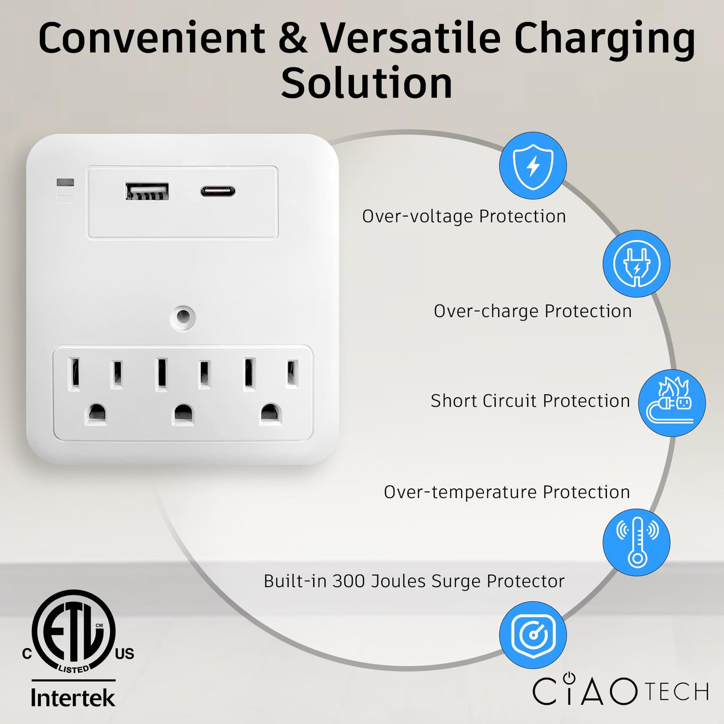 3 Outlet Extender with 1 USB-A & 1 USB-C - Multi Plug Outlet with 540 Joules Surge Protector - Multipurpose USB Outlet with 3A Fast Charging