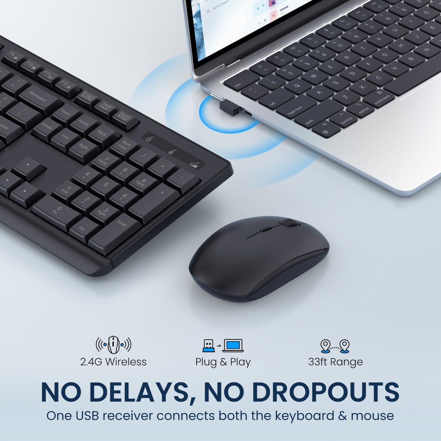 Wireless Keyboard and Mouse Combo, COLIKES 2.4G USB Cordless Mouse and Keyboard, 3 Level DPI Slim Ergonomic, Responsive Plug & Play for Computer