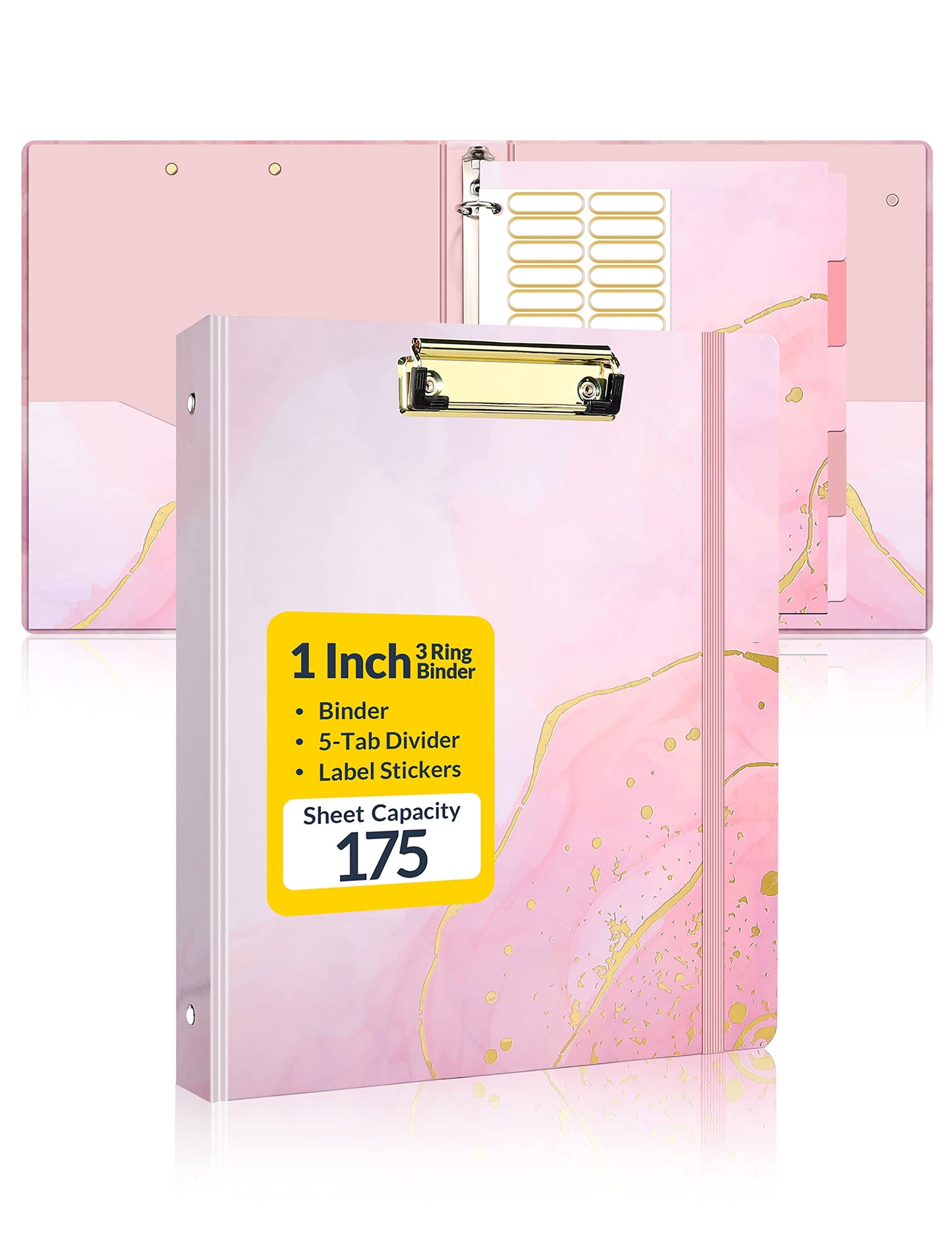 SUNEE 1 Inch Binder with Dividers, Pink Binder with Clipboard, Three Ring Binder Organizer, 5 Tabs, 18 Labels and 2 Pockets, Letter Size for School
