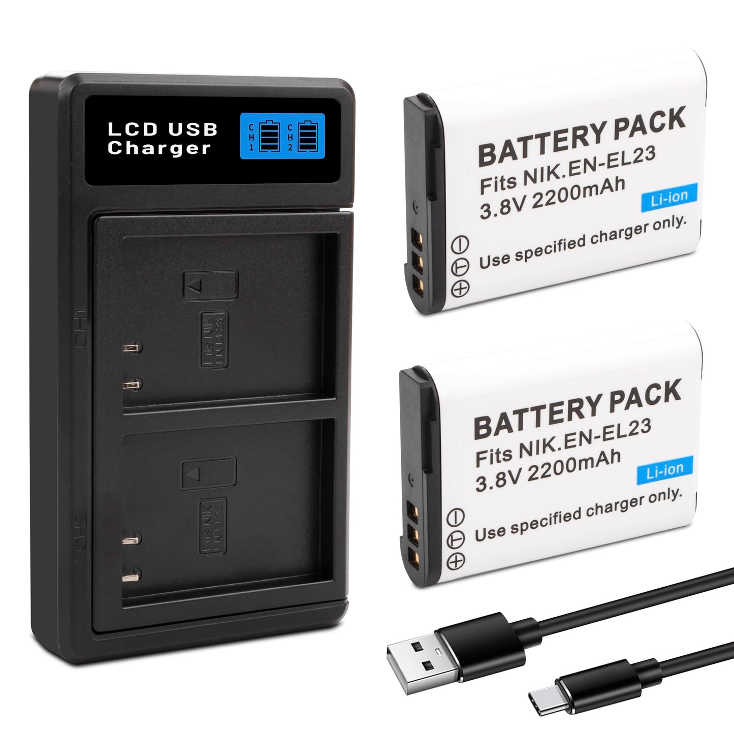 ANCBD 2 Pack EN-EL23 Batteries with Smart LCD Display Dual Channel Charger for Nikon Coolpix P900s, P900, P610s, P610, P600, B700, S810c Camera