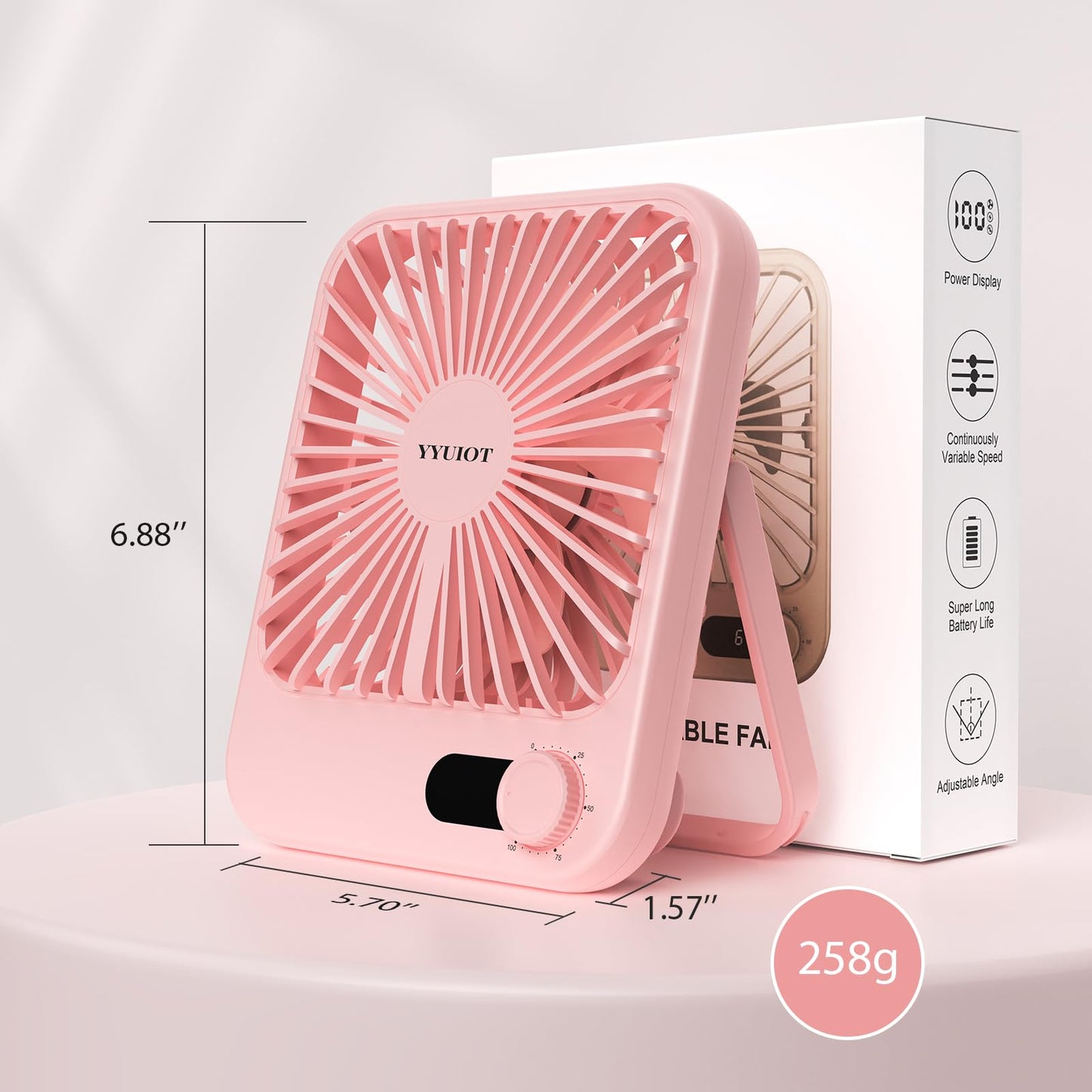 YYUIOT Desk Fan Battery Operated, USB Rechargeable Fan, 2400 mAh 180° Quiet Personal Fan With Power Display, 100 Speeds Adjustable Table Fan