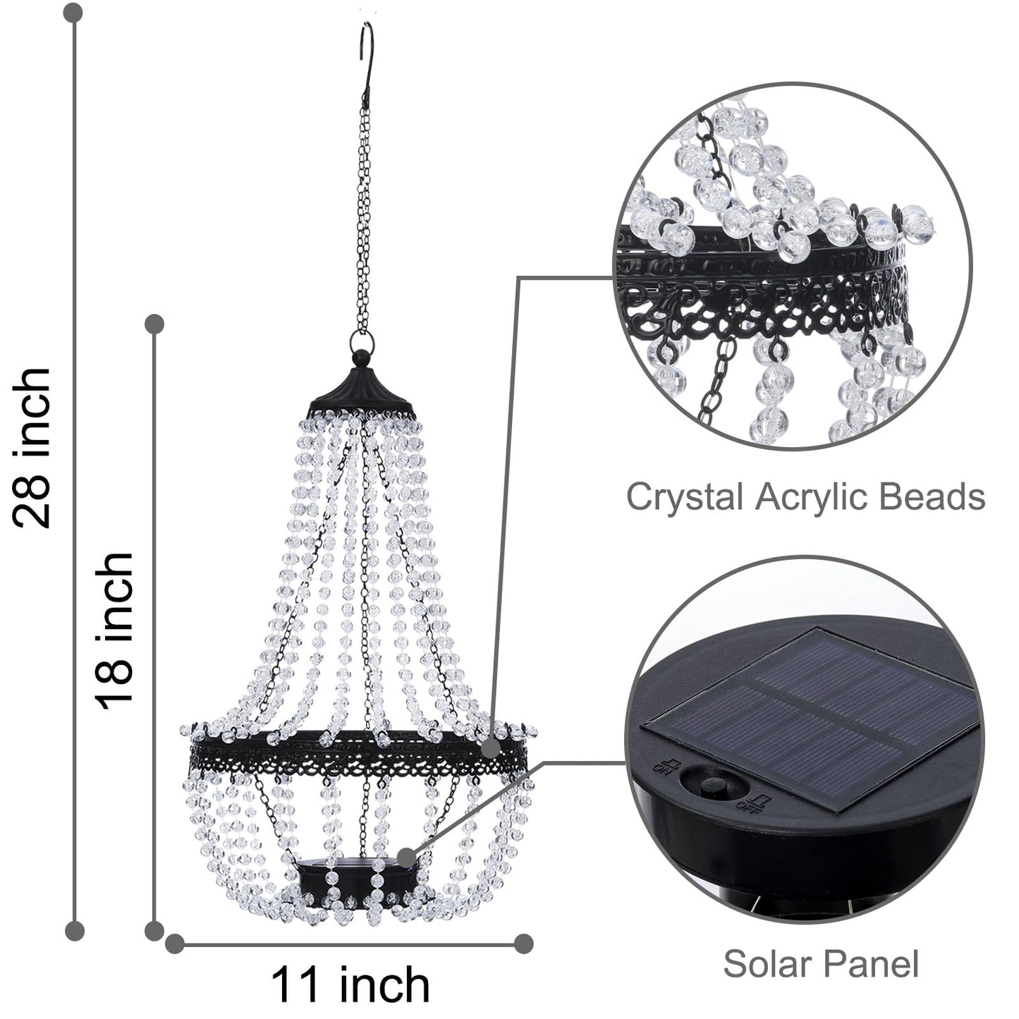 Hanging Solar Lantern Outdoor, 28” Modern Clear Crystal Acrylic Chandelier with 30 Warm White Lights S Hook for Garden, Yard, Patio, Gazebo